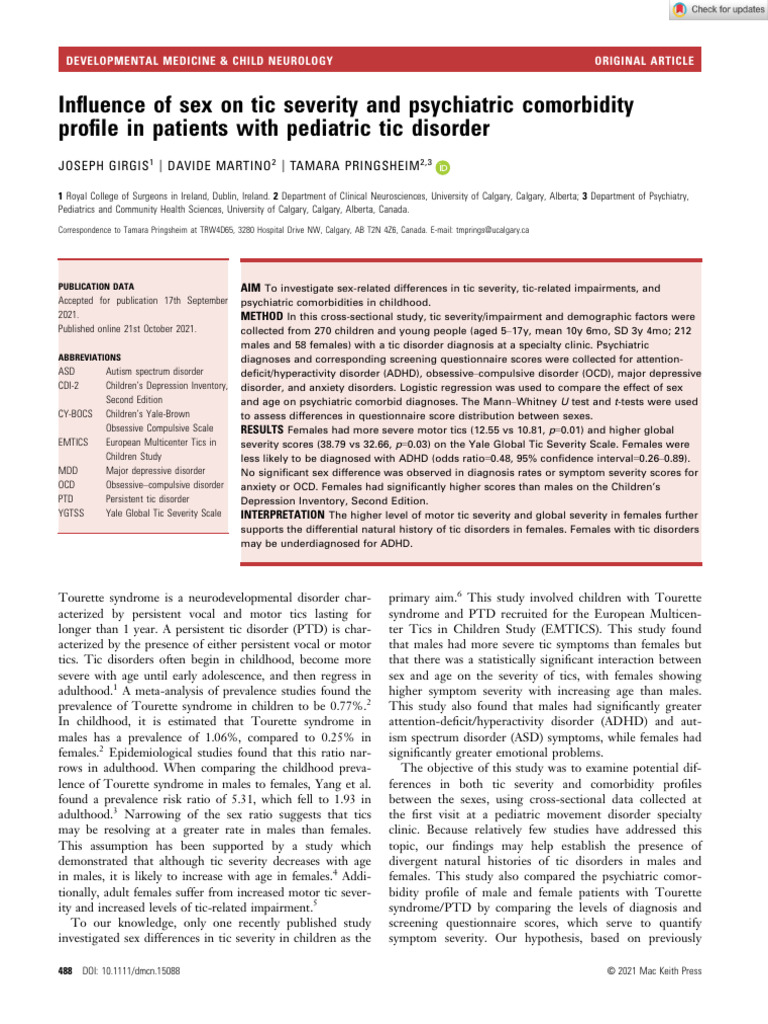 Sex Differences in Pediatric Tic Disorders | PDF | Tourette Syndrome ...