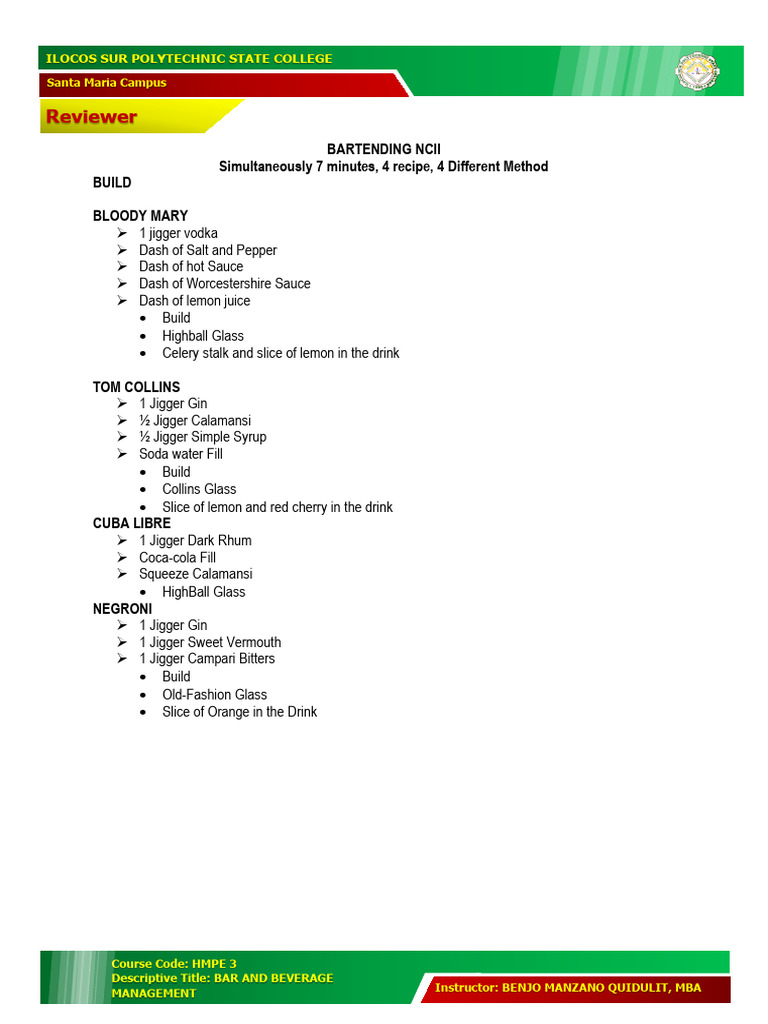 Bar and Beverage Management Guide | PDF | Martini (Cocktail) | Cocktails