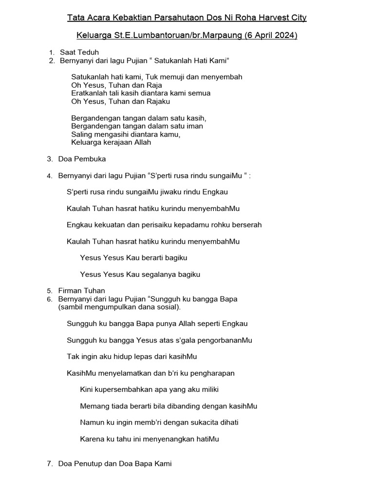 Kebaktian Parsahutaon Dos Ni Roha 2024 | PDF