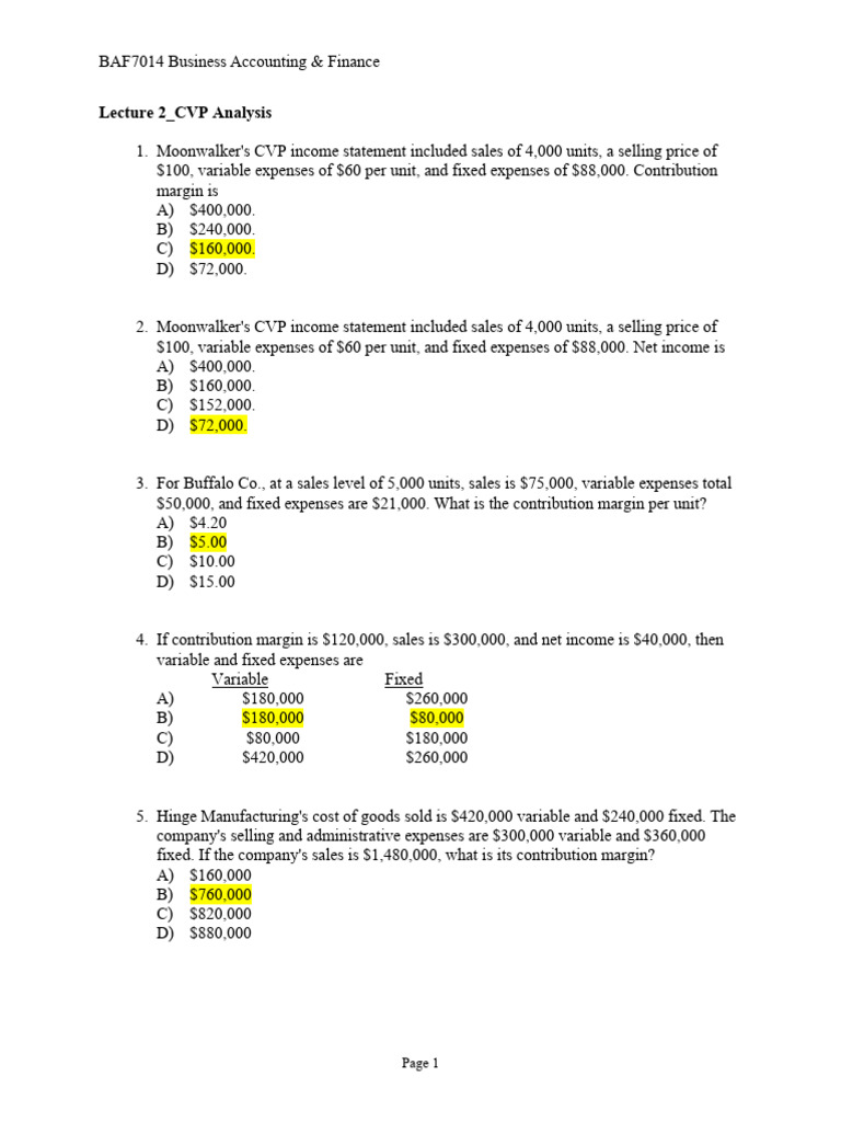 Lecture 2 - CVP Analysis - Q | PDF | Business Economics | Financial ...