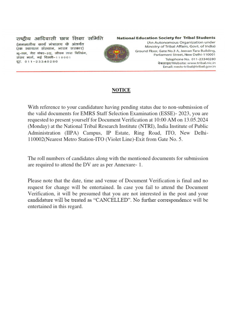 List of candidates for submission of pending documents for document