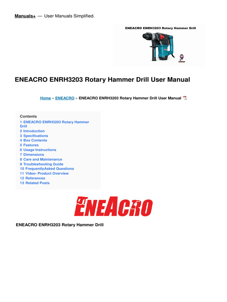 Eneacro Enrh3203 Rotary Hammer Drill User Manual PDF Drill Hammer