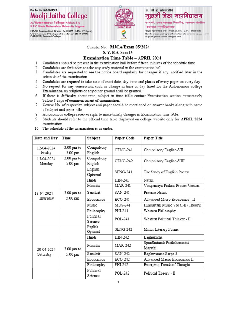 B.A. Sem-IV Exam Schedule April 2024 | PDF | Science | Yoga