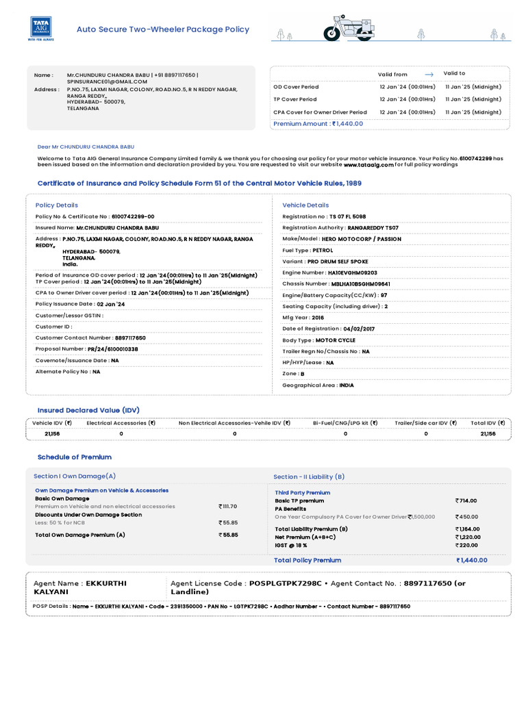 Tata AIG Motor Policy Schedule - 3187 - 6100742299-00 | PDF | Insurance ...