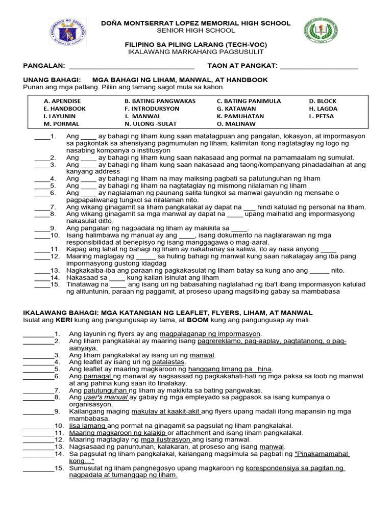 Filipino Sa Piling Larang Tekbok Pretest | PDF