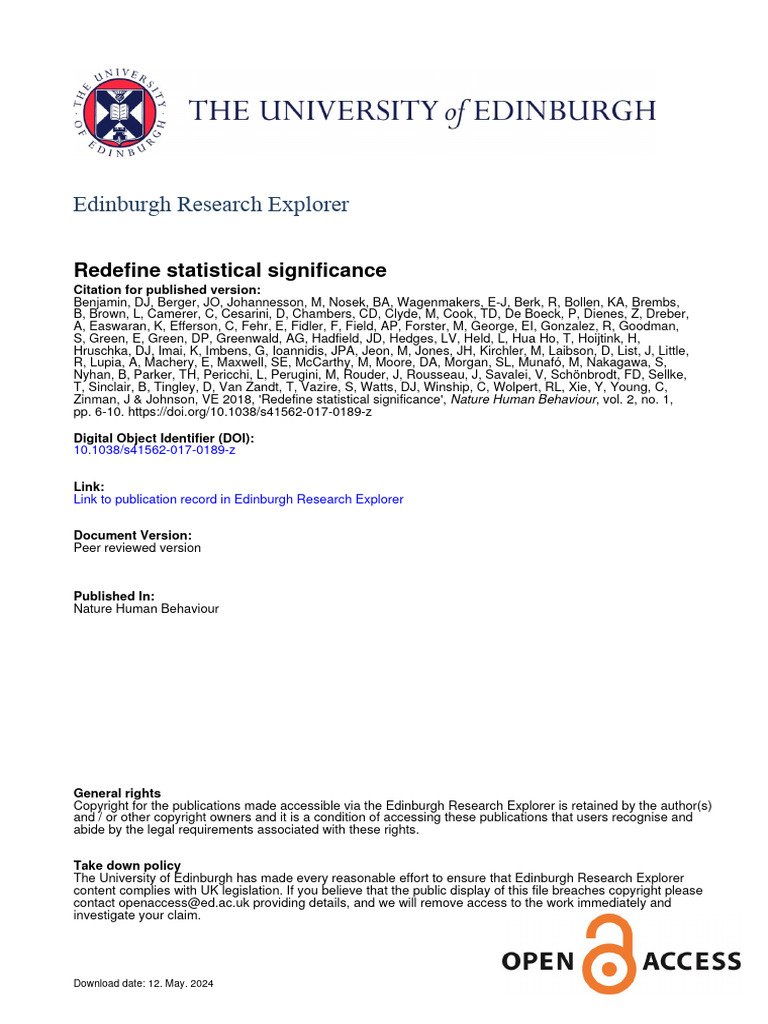 BenjaminEtalNHB2017Redefine Statistical Significance | PDF | Statistics ...