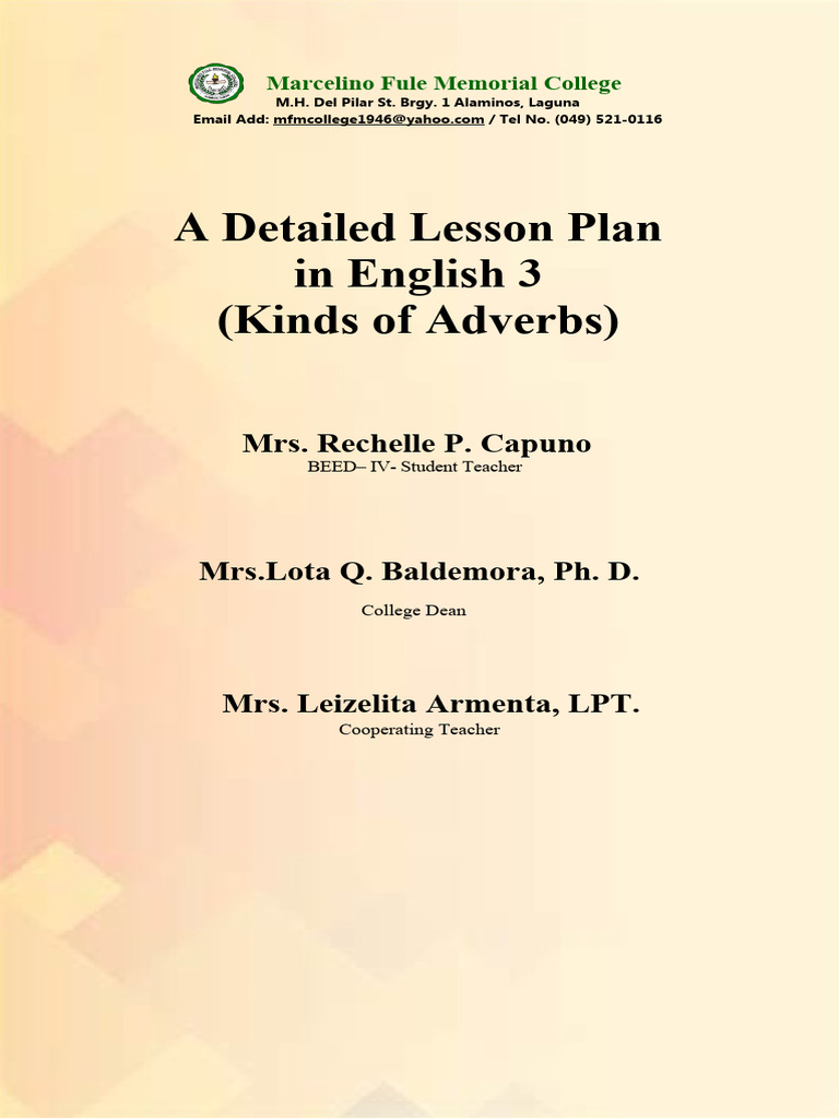 Lesson Plan: Kinds of Adverbs | PDF | Adverb | Verb