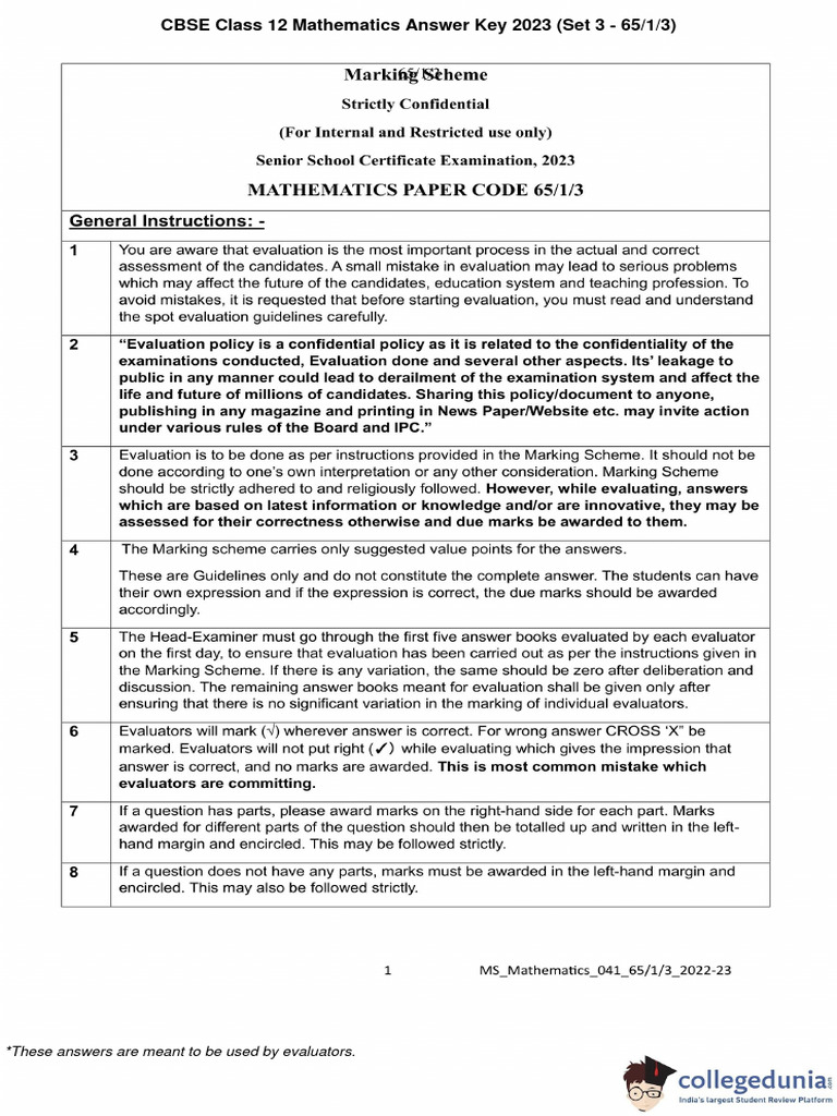 Cbse class 12 mathematics answer key 2023 set 3 65 1 3 pdf career