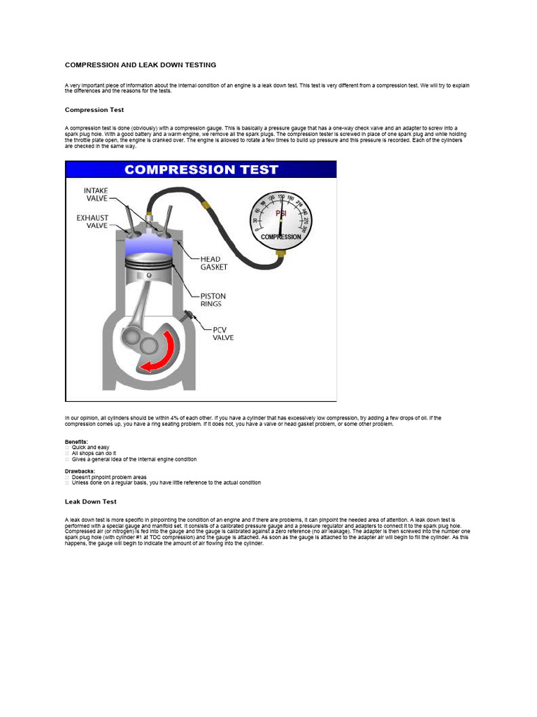 Compression and Leak Down Testing | PDF | Engines | Engineering