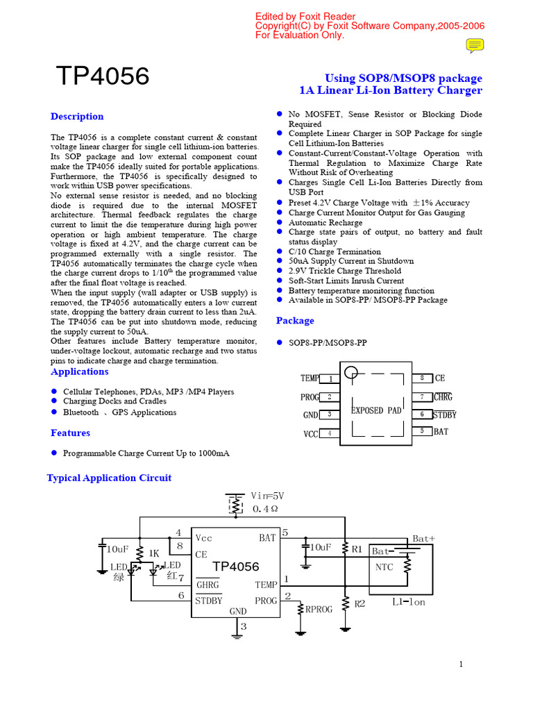 TP4056 Li-Ion Charger Datasheet | PDF | Battery Charger | Lithium Ion ...