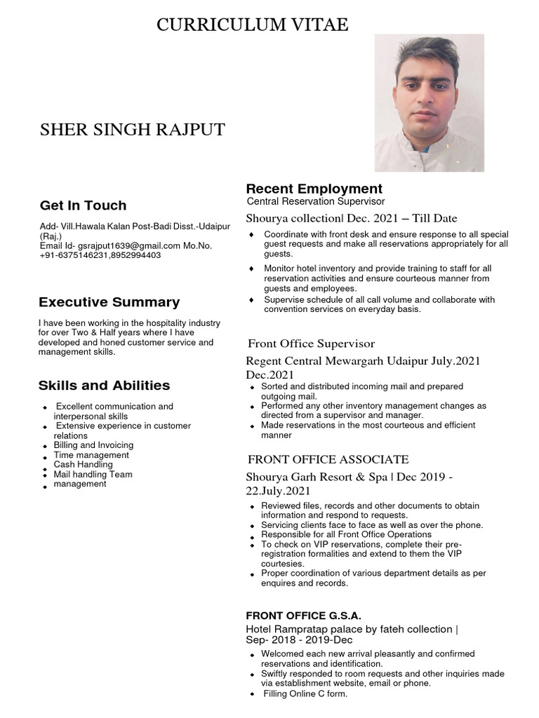 Hospitality Industry CV: Sher Singh Rajput | PDF