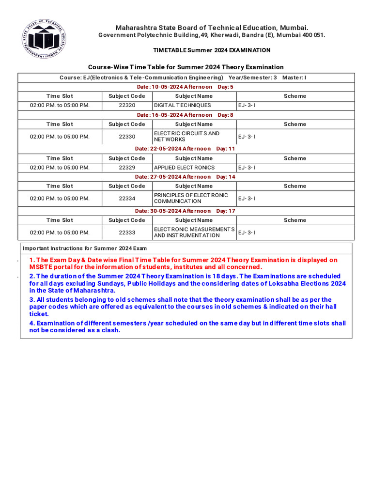 Summer 2024 Exam Timetable for EJ Engineering | PDF