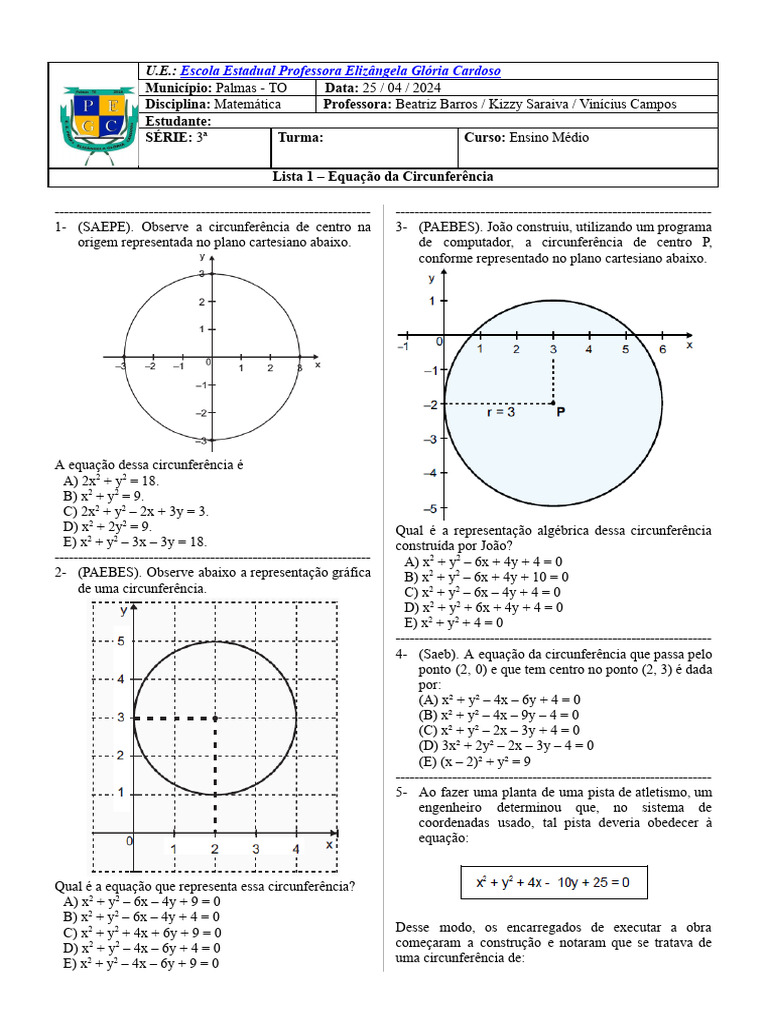 Exercícios sobre Equação da Circunferência | PDF | Círculo | Equações