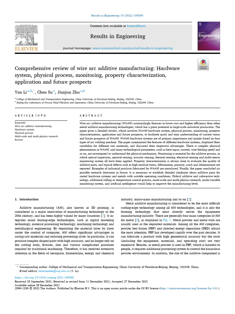 Comprehensive Review of Wire Arc Additive Manufacturing Hardware | PDF ...