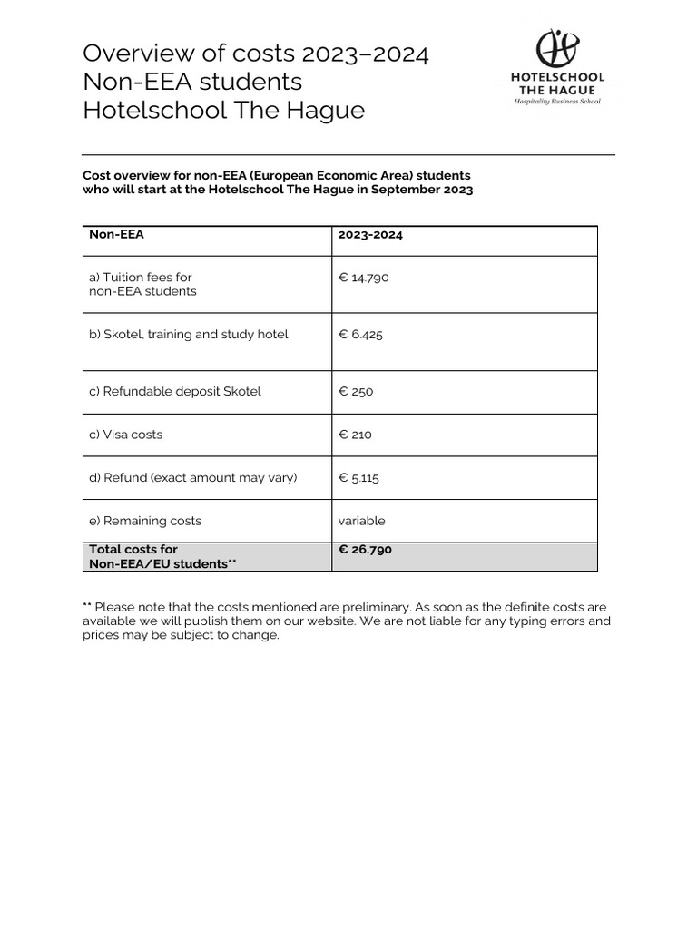 Tuition Fee Hotelschool The Hague | PDF | Travel Visa | European ...