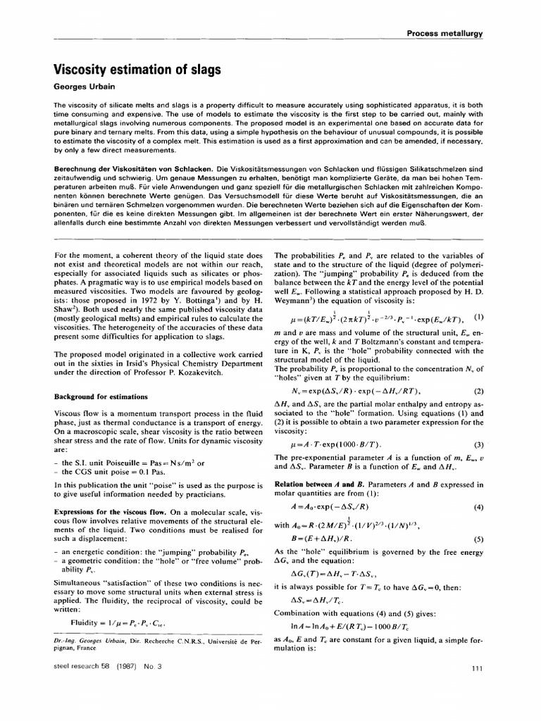 Viscosity Estimation of Metallurgical Slags | PDF | Viscosity | Chemistry