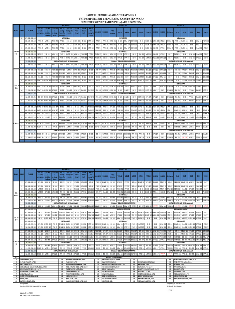 Roster Pelajaran Semester Genap Tahun 2023 | PDF