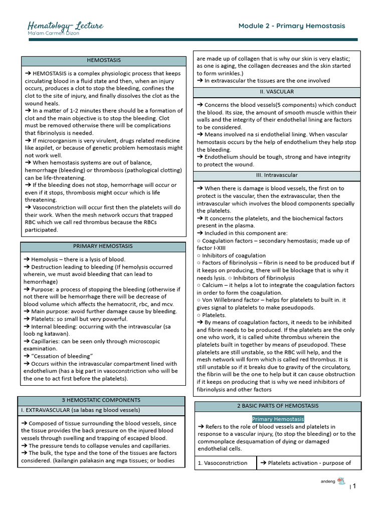HEMA LEC - Module 2 - Primary Hemostasis | PDF | Platelet | Coagulation