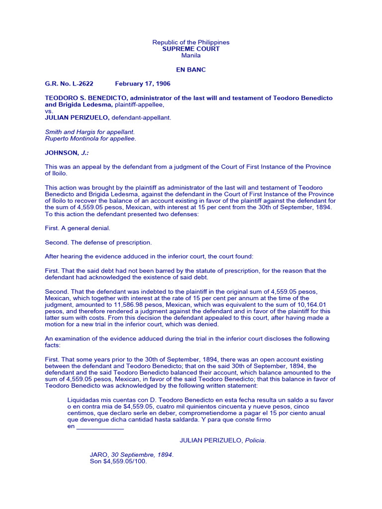 Benedicto Vs Perizuelo PDF Statute Of Limitations Judgment (Law)