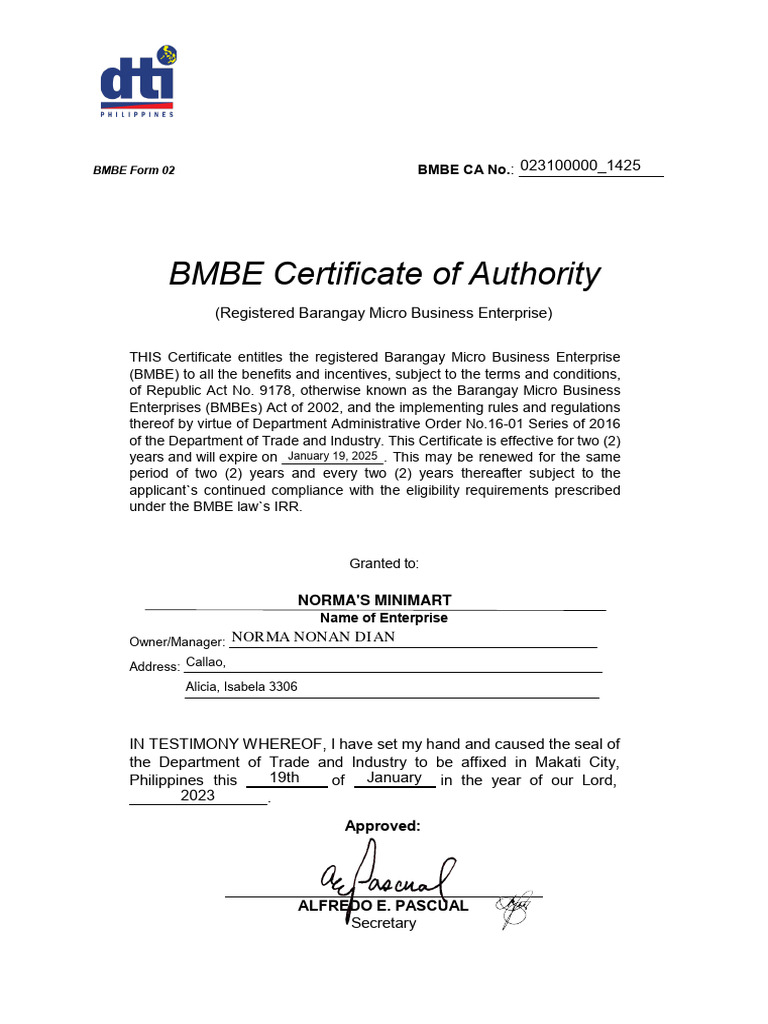 BMBE Certificate for Norma's Minimart | PDF | Finance & Money Management