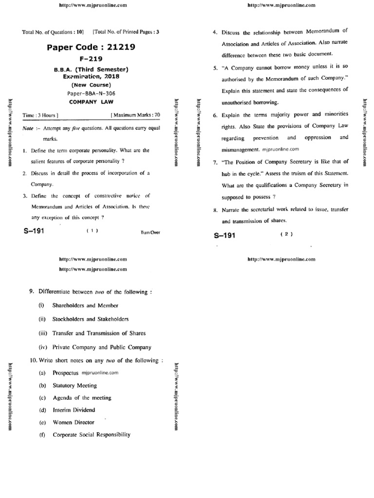 Bba 3 Sem Company Law 2018 | PDF