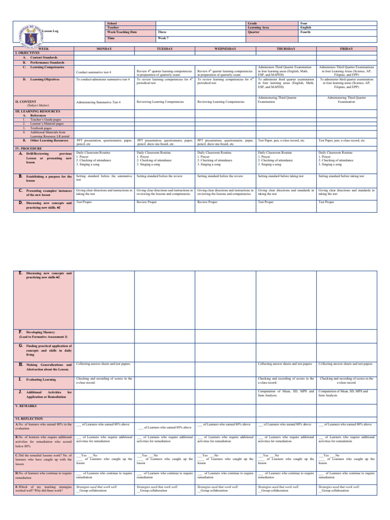 Weekly English Lesson Plan for Grade 4 | PDF | Learning | Behavior ...