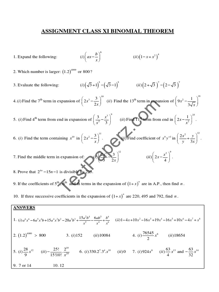 Class XI Binomial Theorem Assignment | PDF | Combinatorics | Number Theory