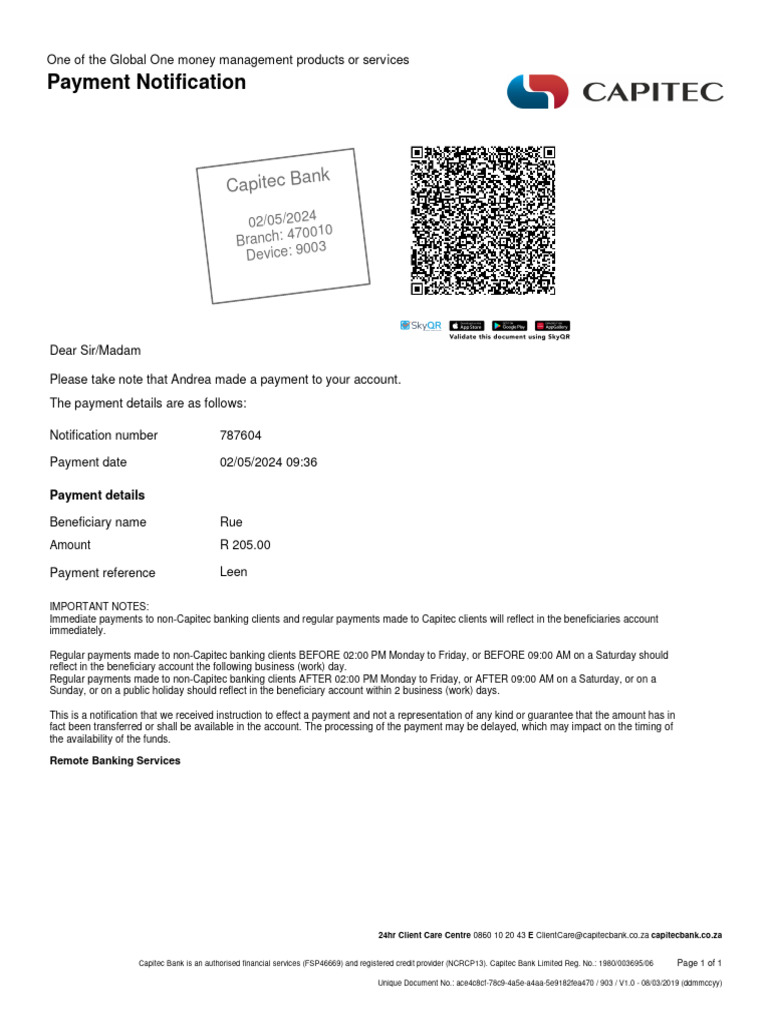 Capitec Bank Payment Notification Details | PDF