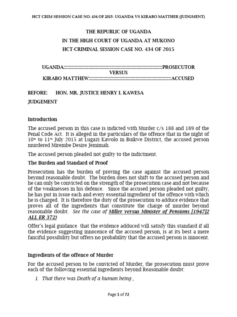 Uganda vs Kirabo: Murder Case Judgment | PDF | Burden Of Proof (Law ...