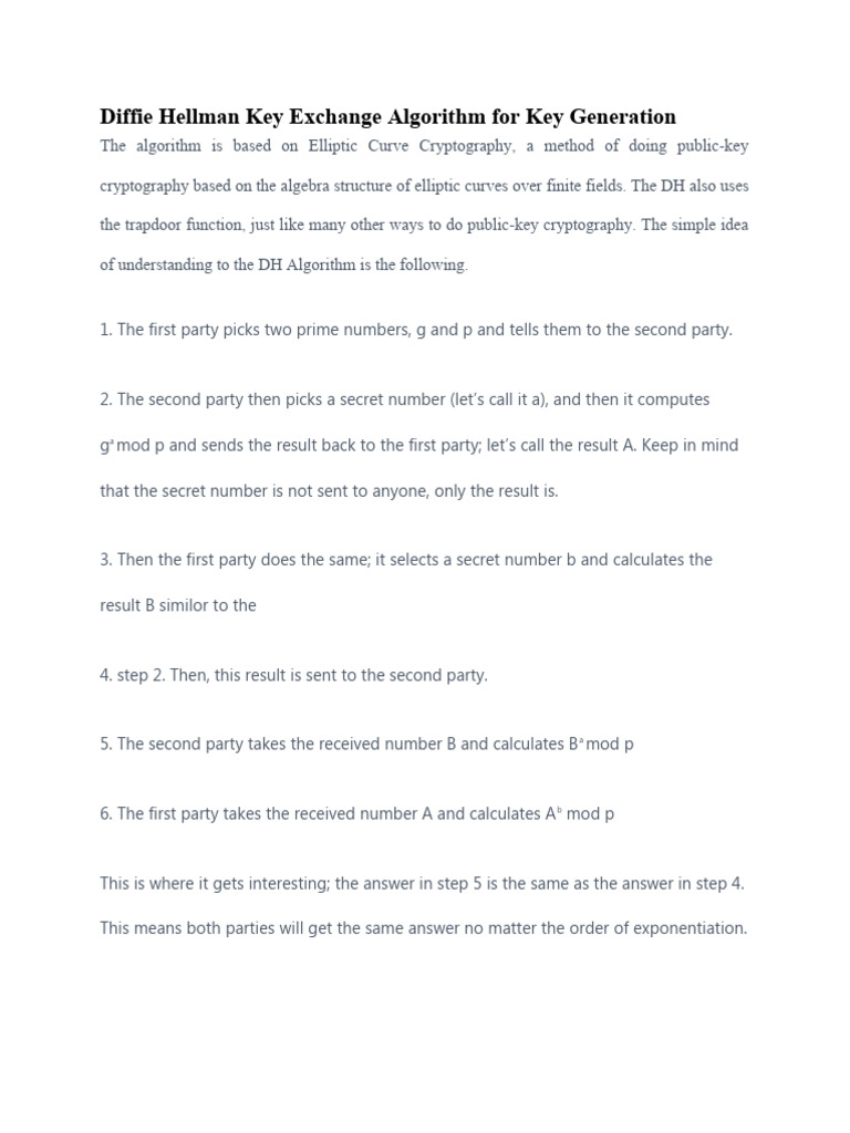 Diffie Hellman Key Exchange Algorithm For Key Generation | PDF ...