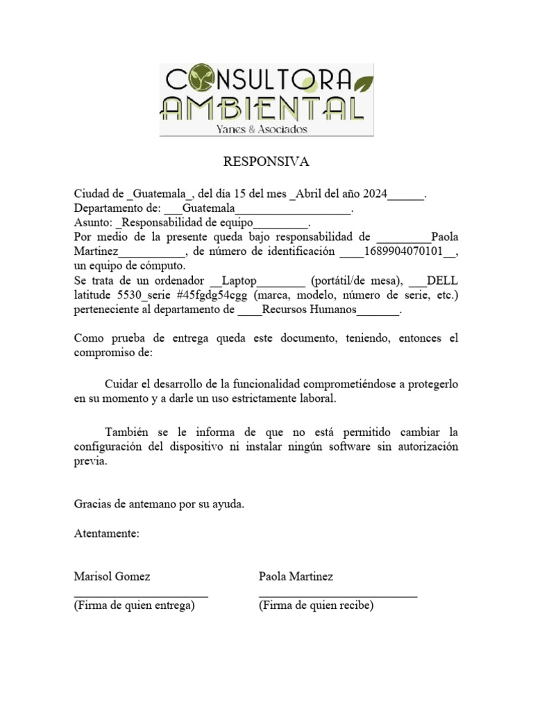 Carta Responsiva de Equipo en Word | PDF
