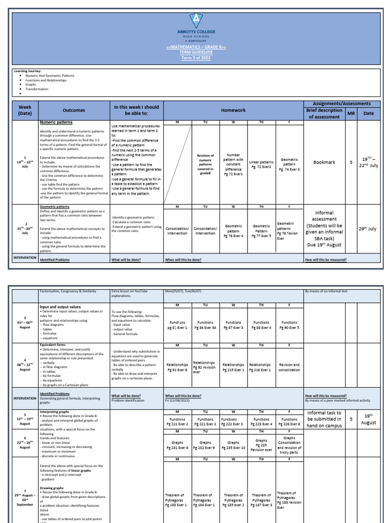 GR 9 Term 3 Planner | PDF | Cartesian Coordinate System | Function ...