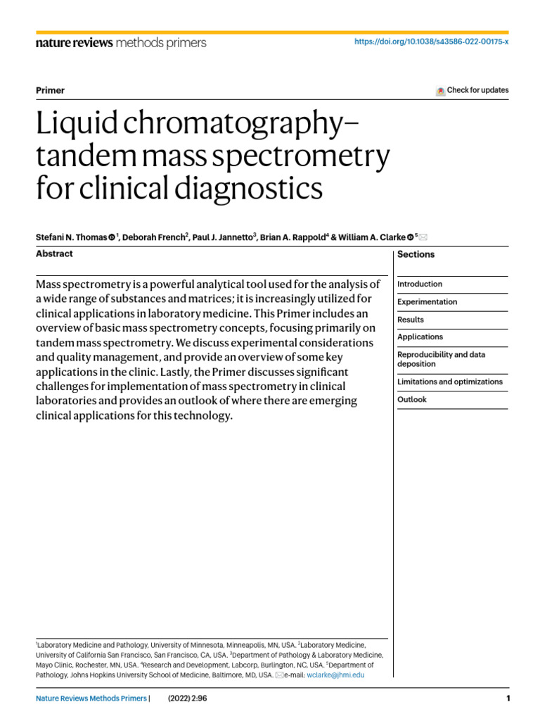 Liquid Chromatographyâ Tandem Mass Spectrometry For Clinical ...