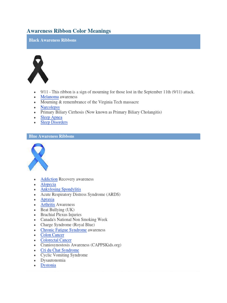 Awareness Ribbon Color Meanings | PDF | Cancer | Anemia