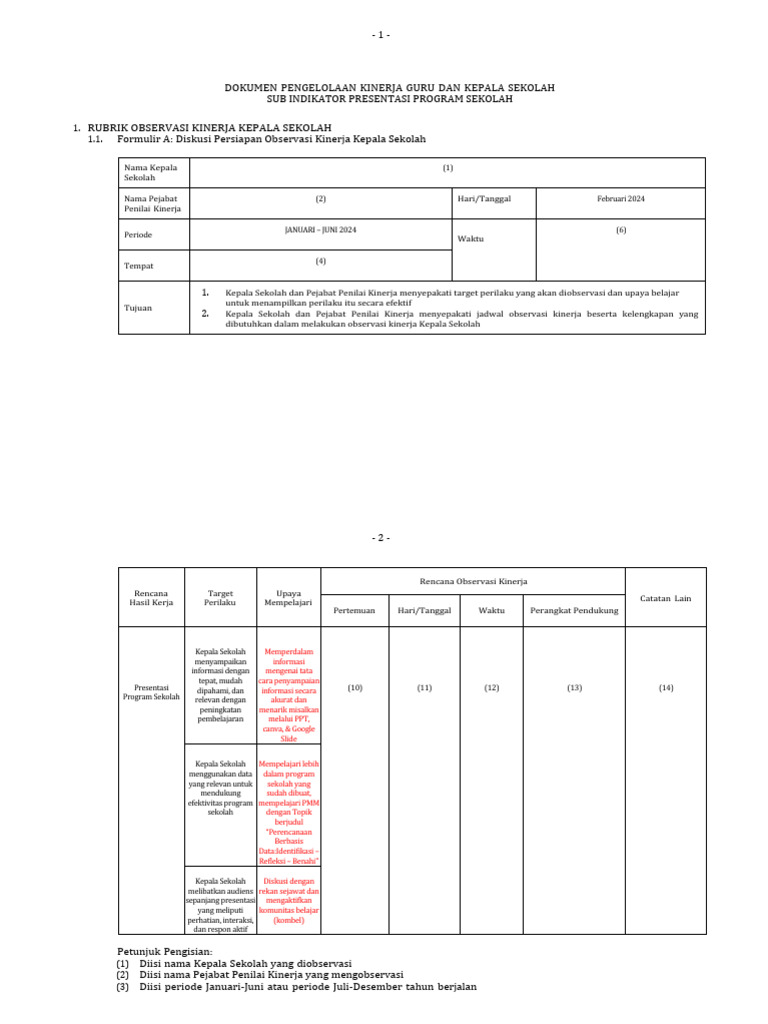 Observasi Kinerja Kepala Sekolah Presentasi Program Sekolah Pdf