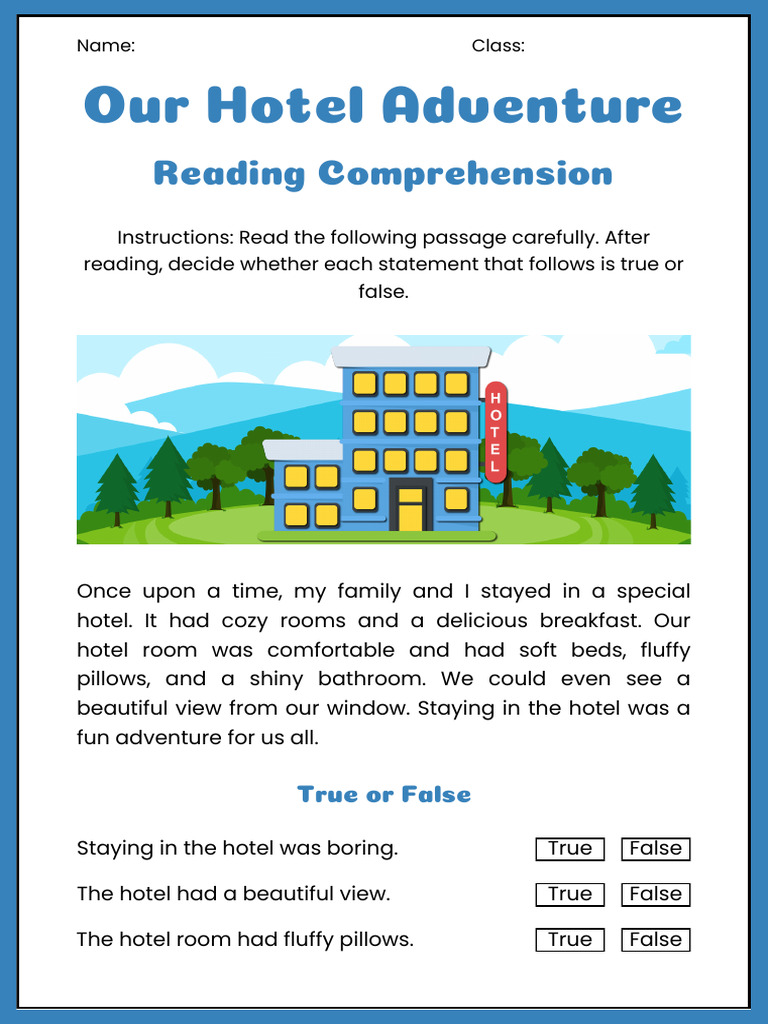 Hotel Adventure Reading Comprehension English Worksheet | PDF