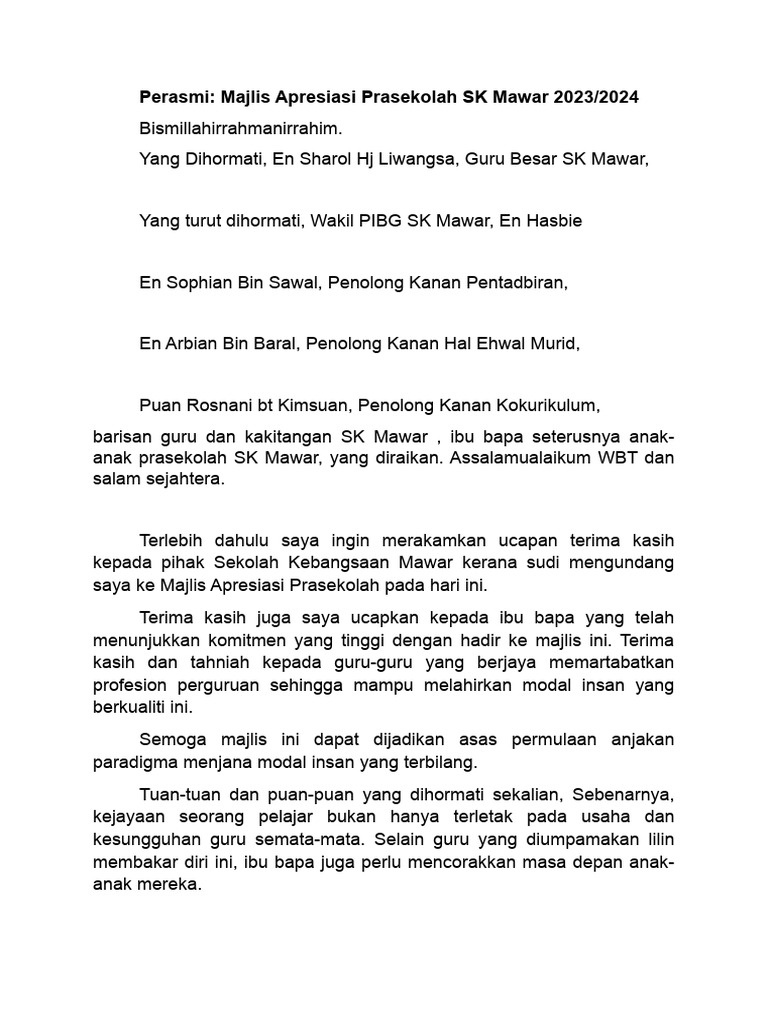 Teks Perasmi Hari Apresiasi Prasekolah 2024 | PDF