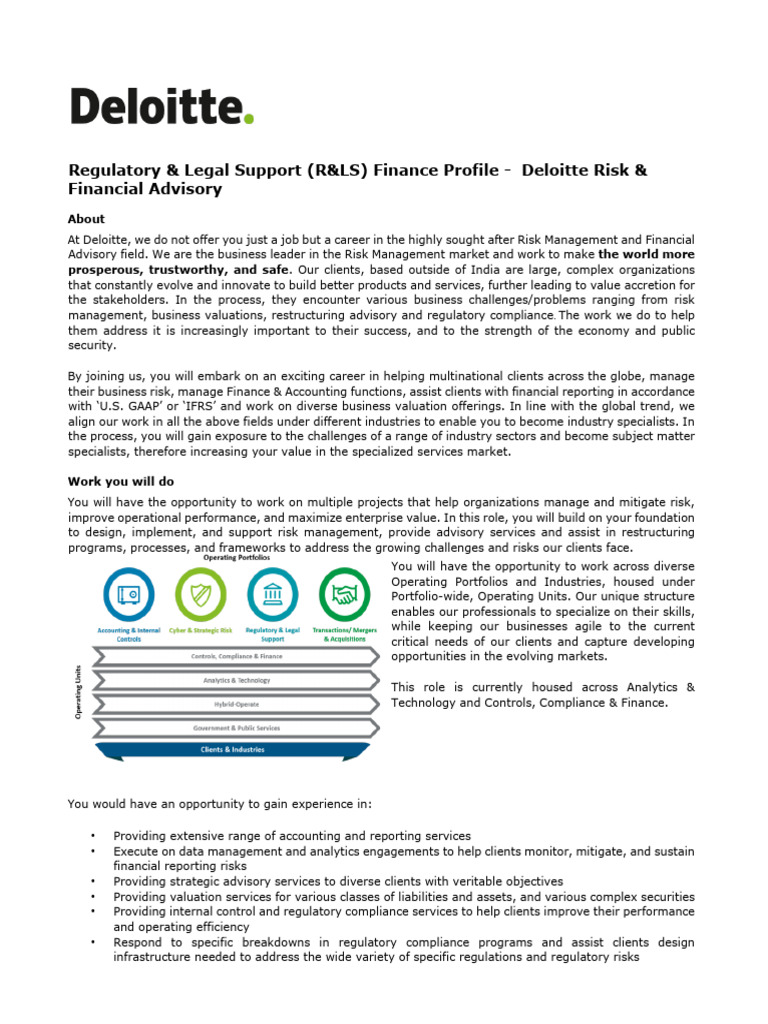 Deloitte Risk and Financial Advisory USI RLS Finance Profile Download Free PDF Regulatory
