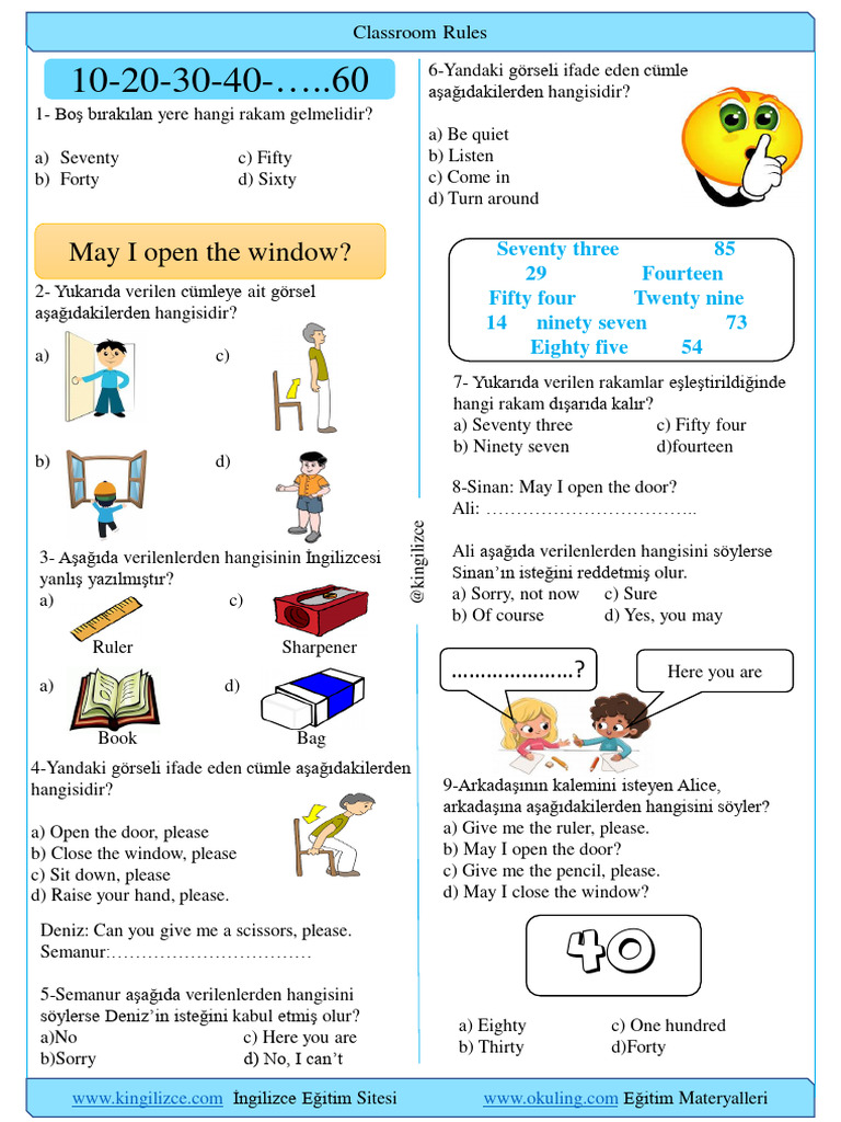 Sınıf 1. Ünite Classroom Rules Test | PDF