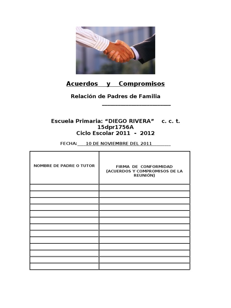 Acuerdos y Compromisos PADRES Diego Rivera I BIMESTRE | PDF