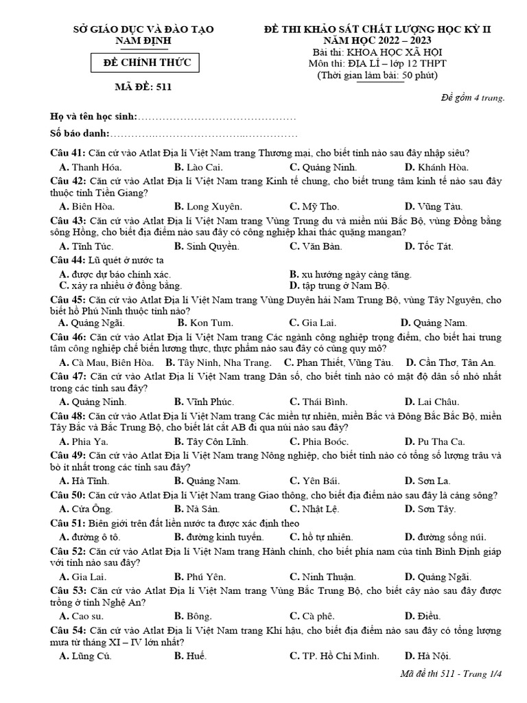 De Cuoi Hoc Ky 2 Dia Li 12 Nam 2022 2023 So GDDT Nam Dinh | PDF