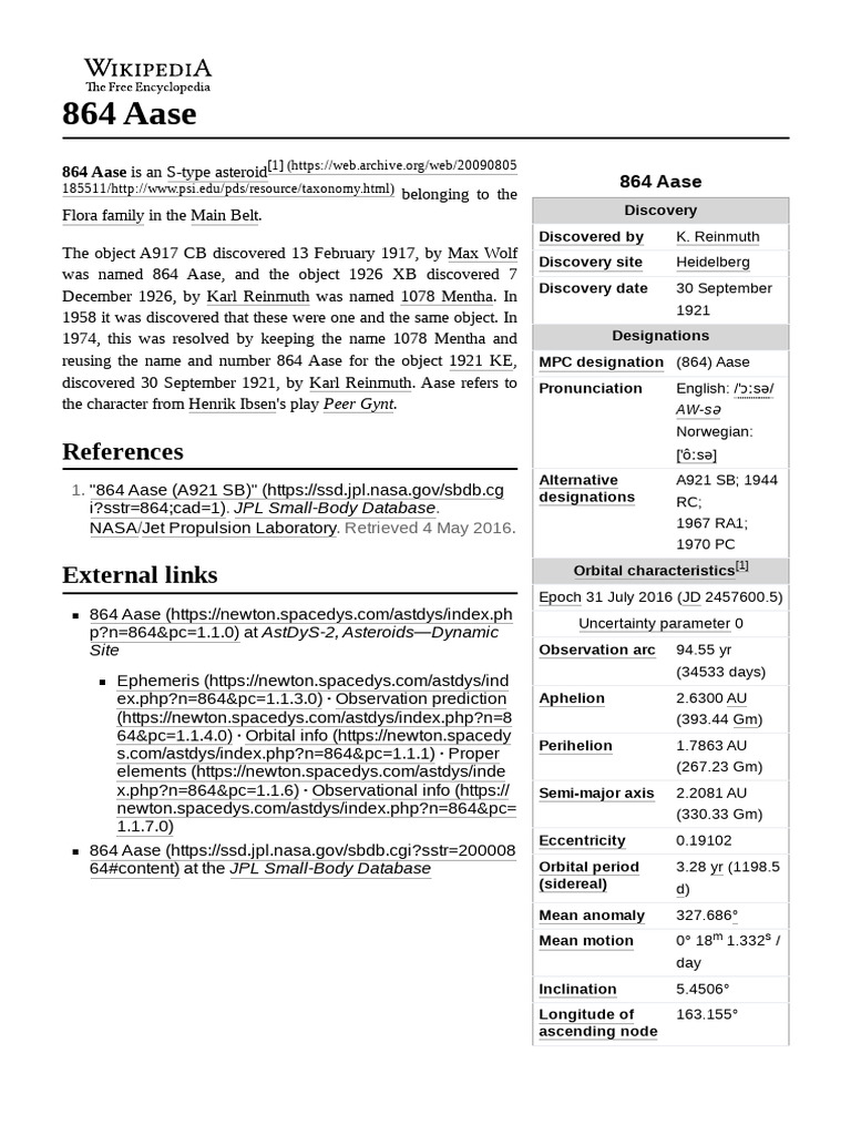 864 Aase: S-Type Asteroid Overview | PDF | Apsis | Astronomical Unit