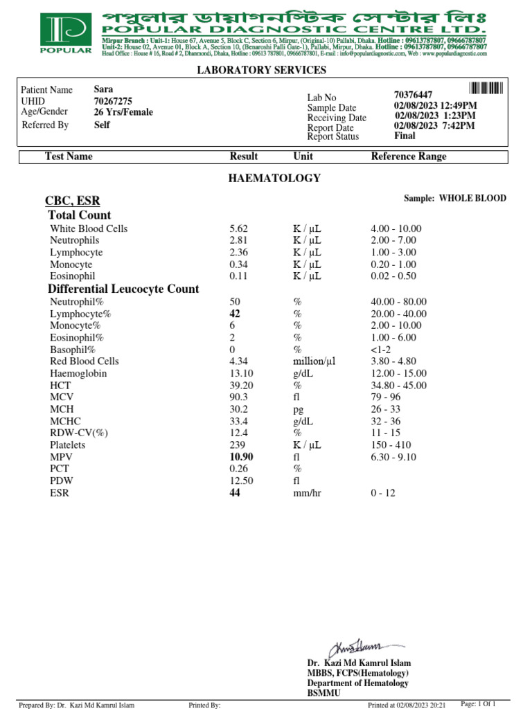 CBC ESR LabResult | PDF | White Blood Cell | Blood