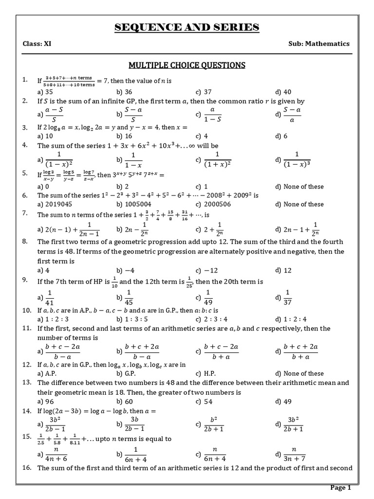 Sequence and Series: Multiple Choice Questions | PDF | Mean ...