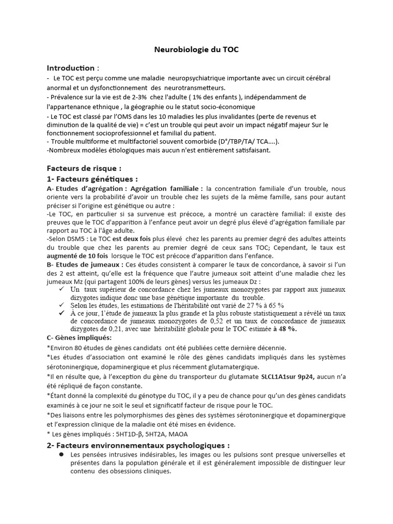 Neurobiologie et facteurs du TOC | PDF | Trouble obsessionnel compulsif ...