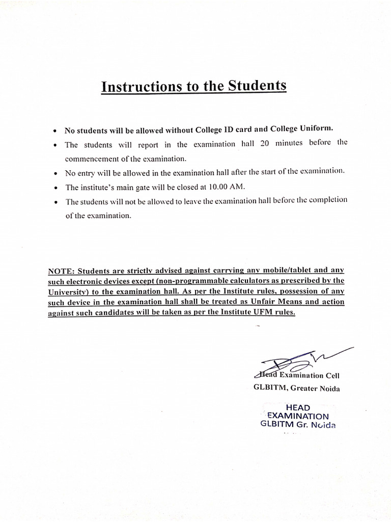 Instructions To The Students | PDF