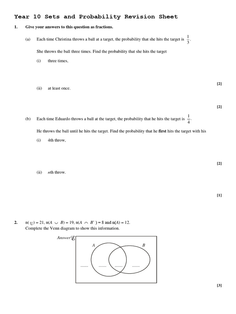 Year 10 Probability Worksheet | PDF