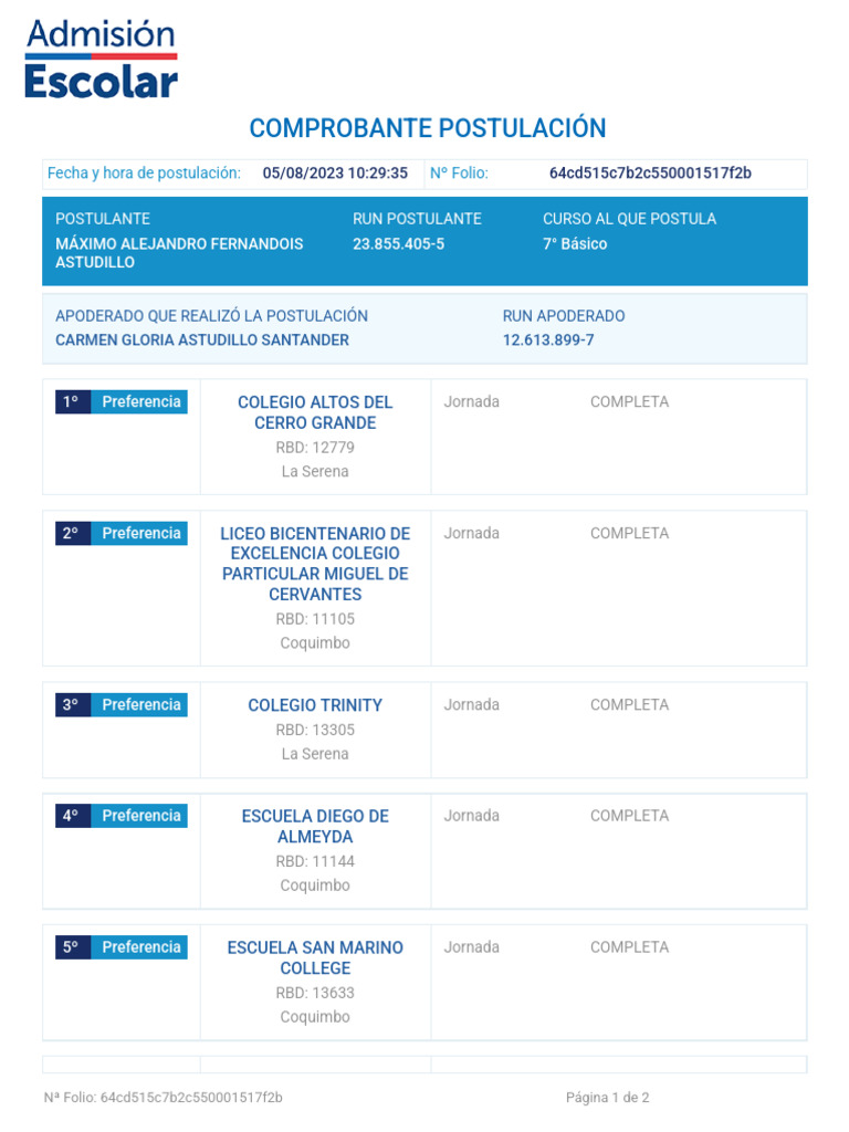 Comprobante de Postulación Escolar 2023 | PDF