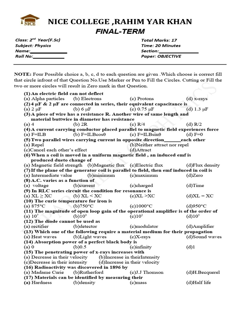Physics Final Exam Paper for F.Sc 2nd Year | PDF | Inductor | Magnetic ...