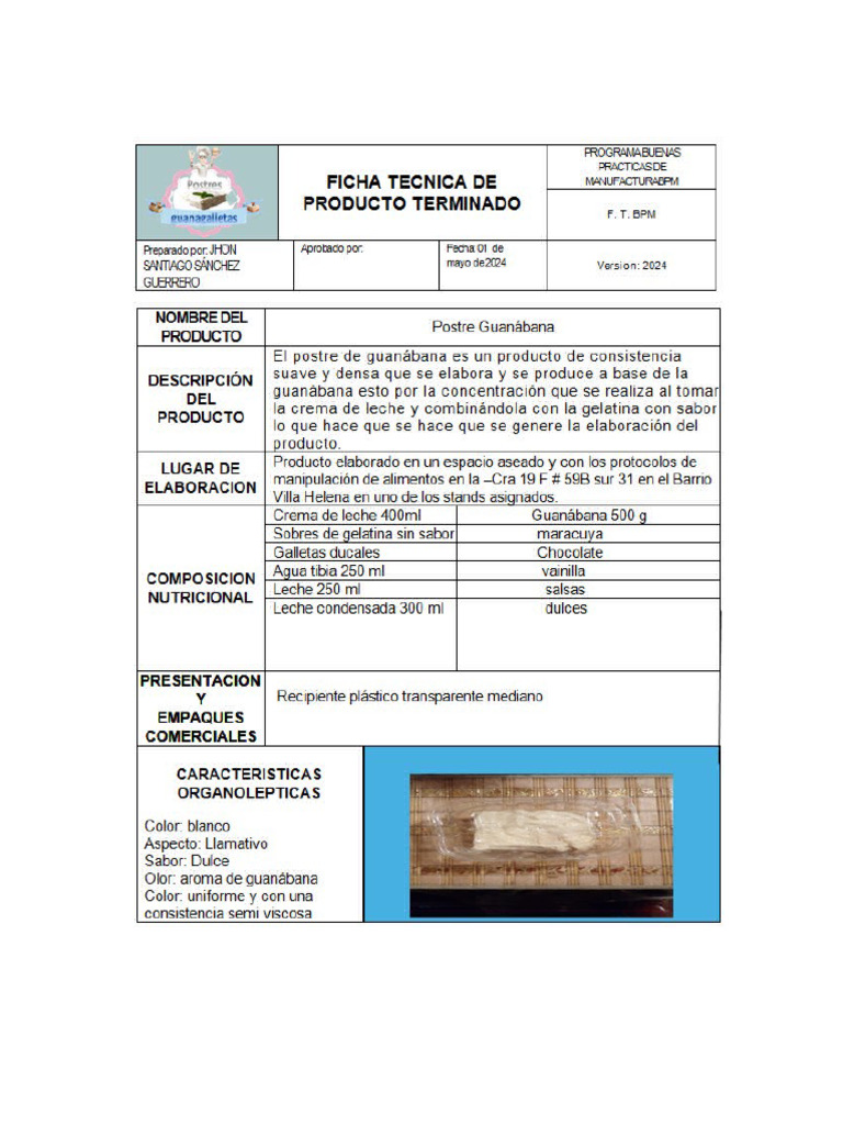 Ficha Técnica Producto Terminado | PDF